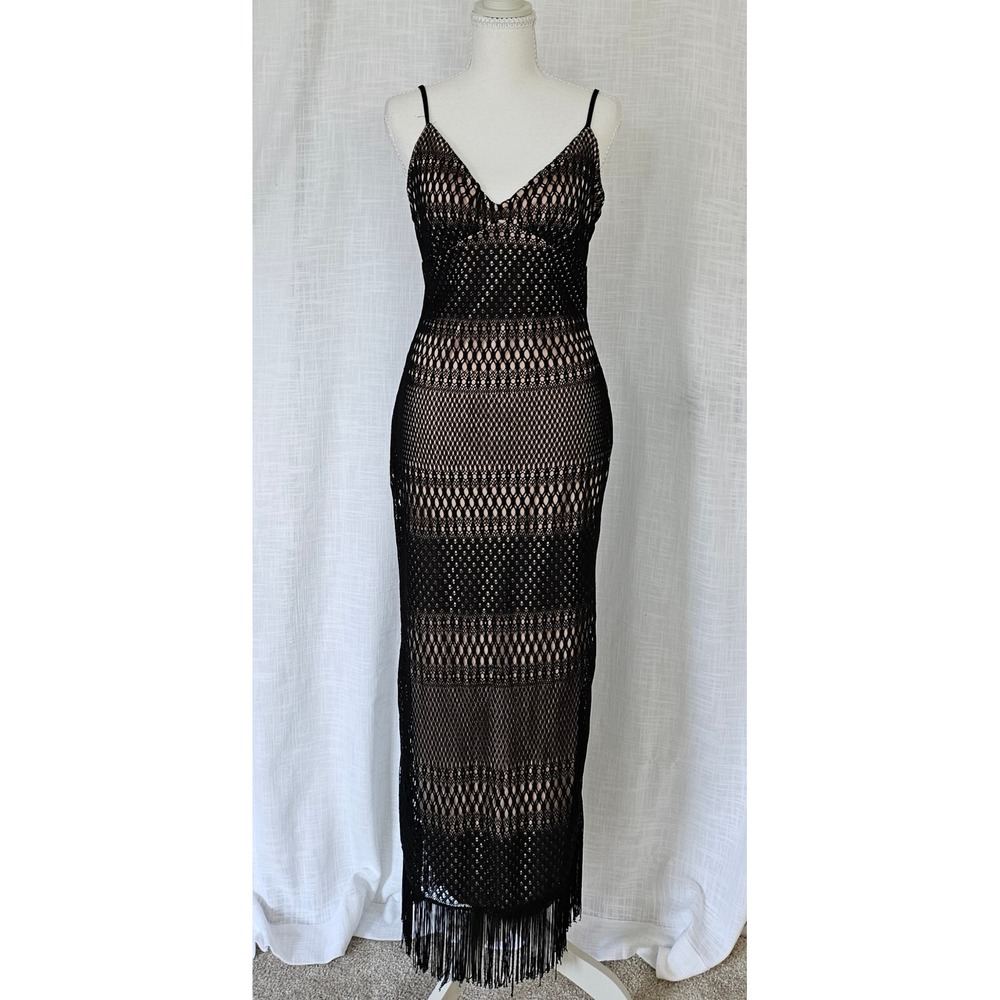 Vintage Fredericks of Hollywood Maxi Dress Women M Black Crochet Whimsigoth Chic